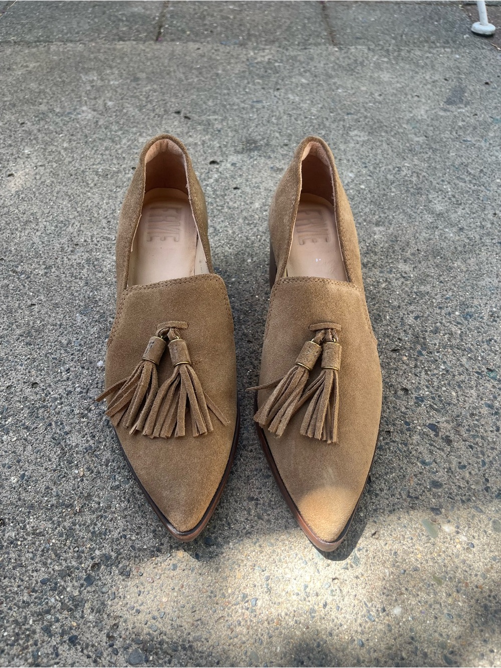 Frye Tassel Suede Pointed Toe Loafers - Tan